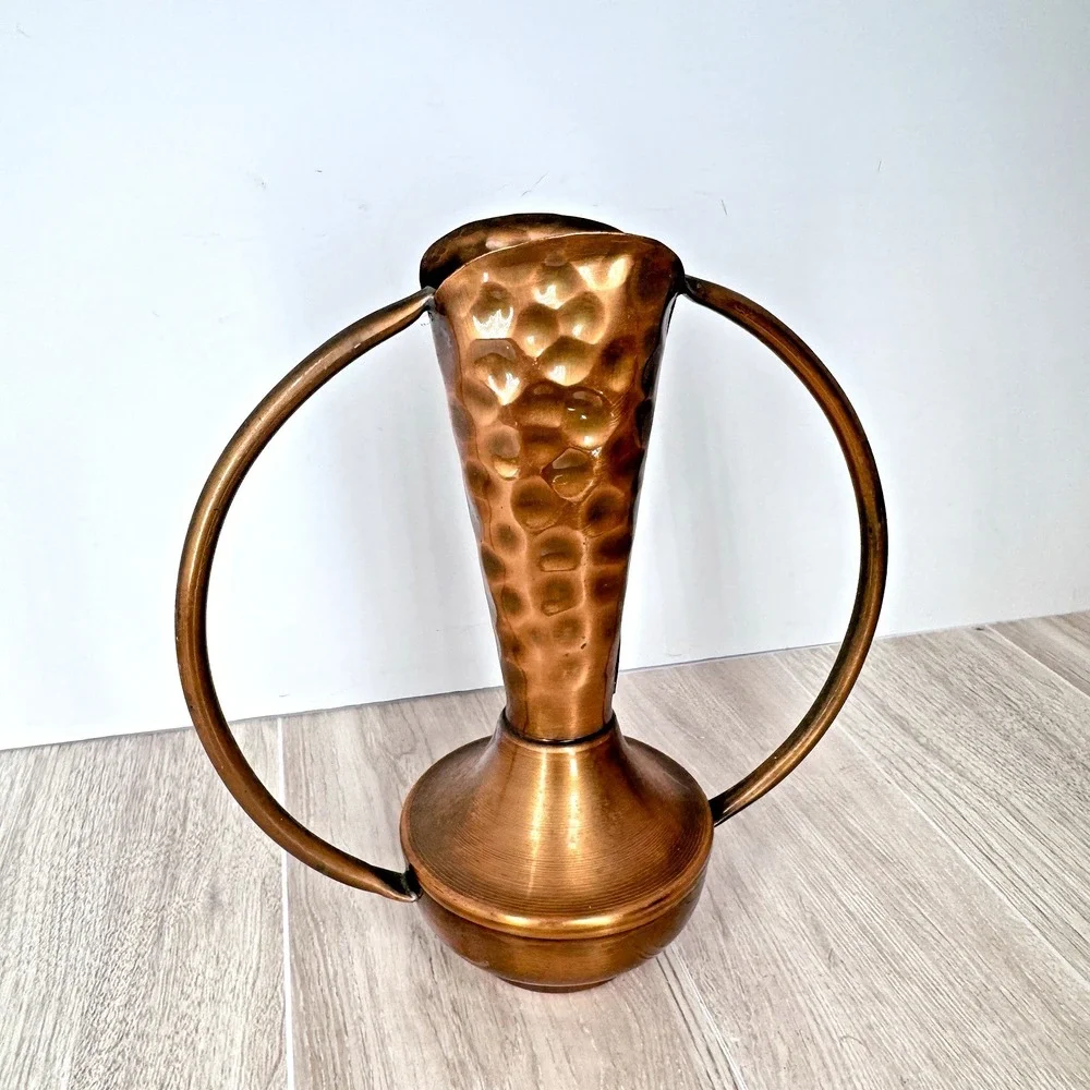 Vintage Hammered Copper Vase Ring Handle‎ Art Deco Style 7in Heavy Metal